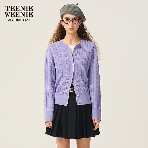 
Teenie Weenie [Same Model for Zhao Lusi] Bear Women's Wear Wool Sweater 2025 Autumn New Retro Four-Season Cable Cardigan Purple S