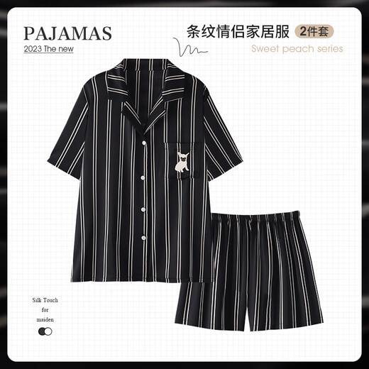 韩姿朵（Hanziduo）蔡徐坤同款情侣睡衣女夏季冰丝绸短袖春秋条纹青少年男家居服 Z3890女Z3897男(短袖+短裤)熊猫 M 女[身高153-160cm建议体重85