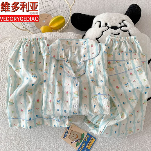 维多利亚的格调三件套樱桃小熊睡衣女夏季短袖可爱卡通宽松云朵棉夏天家居服套装 JS-9902#星星KT猫-三件套 短袖上 M 码 155-162 体重100斤内