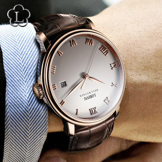 Lobinni Watch Mecánico para hombres Relojes simples Negocios totalmente automáticos Mechores mecánicos Reloj impermeable 12033 Cosilla de rosa Facinada de cuero marrón
