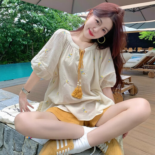 Ranqis Mutterschaftsanzug, Sommeranzug, modische und modische koreanische frisch gestickte altersreduzierende Hemd, Top, Shorts, zweiteilige Sommer-Set, Top + Shorts (Anzug) m