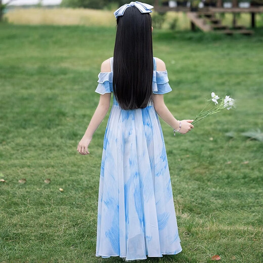 Girls Dress Summer 2026 New Style Fashionable Thin Princess Skirt Girls Middle and Large Children Chiffon Long Skirt 101 Blue Free Pearl Headband + Clavicle Chain 160 Recommended 68-78Jin Jin is equal to 0.5 kg