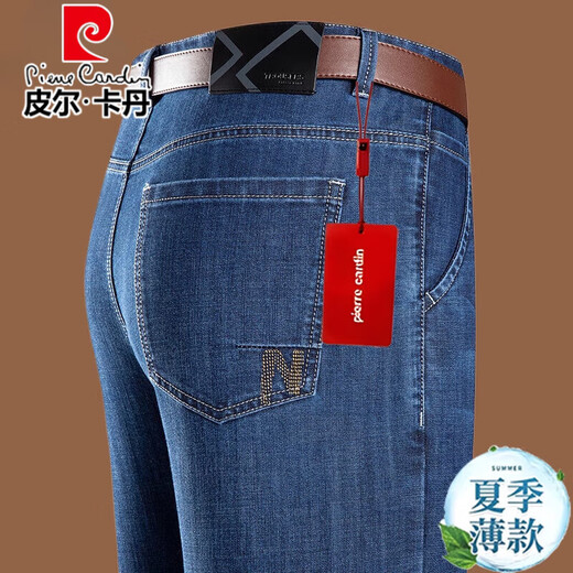 Pier Cardin Summer Jeans for Men Business delgados Papá de mediana edad de mediana edad Pantalones largos de punto recto