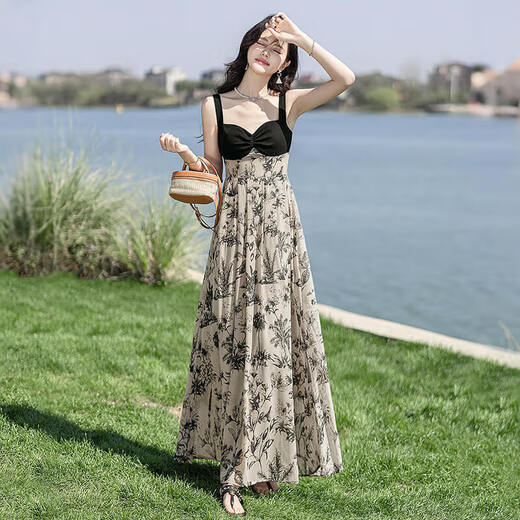 
Silk Cypress House Ink Floral Skirt 2025 Summer New Women's Spliced Fake Two-piece Sling Long Sling Dress