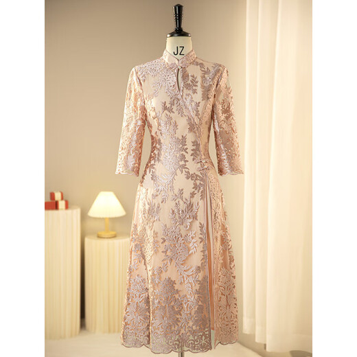 Weixuan bride wedding mother's wear high-end dress new Chinese style cheongsam high-end wedding banquet wedding mother-in-law dress champagne 2XL