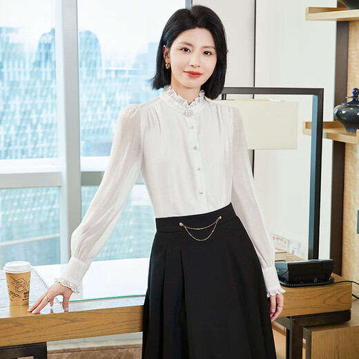 xcfreht秋季新款时尚立领黑色衬衫女正装宽松法式木耳边职业装女士衬衣 1098黑色半裙 S