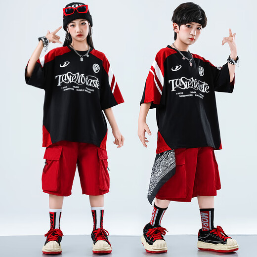 心可派儿儿童街舞演出服男童hiphop套装嘻哈街头潮牌服装男孩女童炸街走秀 两件套=A679黑短袖+B383红色短裤 150 码建议身高145CM