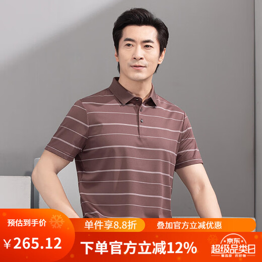 Hongdu Summer New Men's Short-Sleeve T-Shirt Business Casual Lapel Book Style Striped Slightly Sleeve Middle-aged Half-Sleeve T-Shirt Coffee Color TA9226-2 2XL (185/100A)