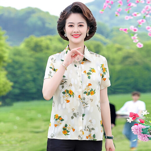 Goldlion轻奢中老年冰丝短袖衬衫女夏季薄款宽松休闲衬衣妈妈奶奶印花睡裙 6623红色 XL 90-105斤