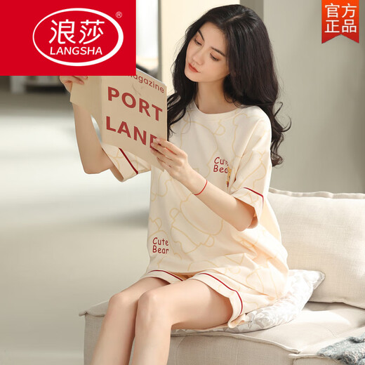 
LangSha 2025 new casual pajamas for women summer pure cotton short-sleeved shorts summer cartoon home clothing suit comfortable 9859 [short-sleeved short-trousers] M [recommended to wear 80-100 Jin [Jin equals 0.5 kg]]