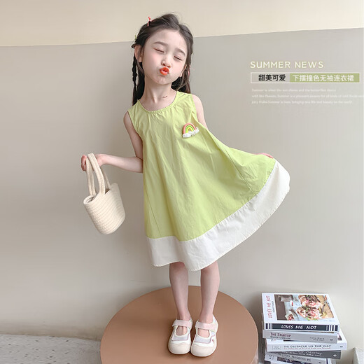 欧姆熊女童连衣裙夏季2025新款小女孩宝宝夏款儿童洋气夏装公主背心裙子 绿色背心裙 120 CM