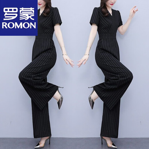 Romon Mode gestreifte Jumpsuit Set Women's Sommer 2025 Neue hohe Taille schlanke Weitbeine Temperament Jumpsuit V-Ausschnitt Schwarz M.