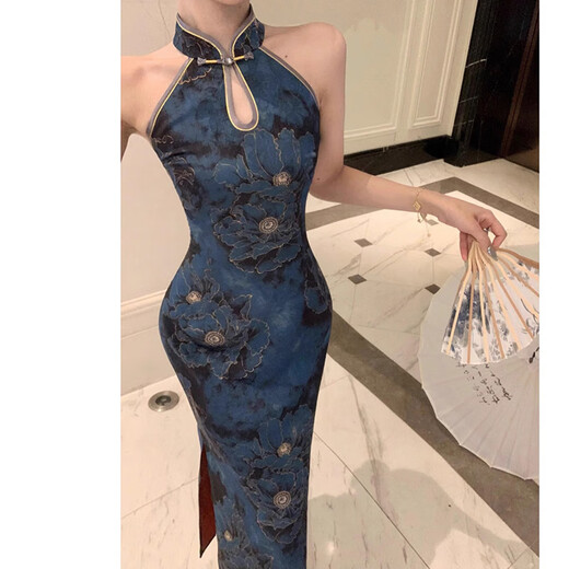 Feiyao cheongsam new Chinese style national style satin print improved cheongsam sleeveless slim waist sexy dress long skirt dark blue S length 105cm, bust 80cm