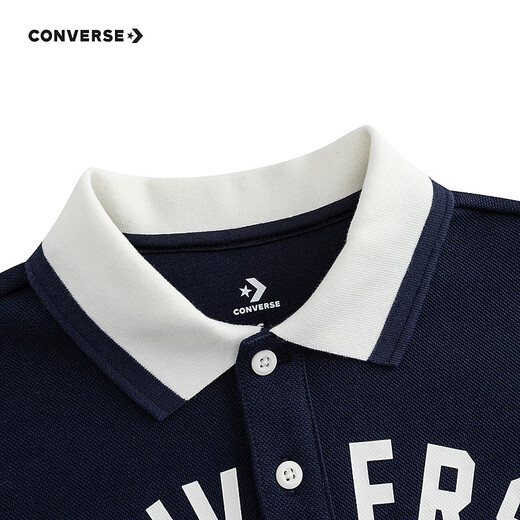 Converse Converse long-sleeved polo shirt for boys and girls 2025 new autumn retro printed children's loose and breathable top Navy blue 130/64 Recommended height 116-122cm