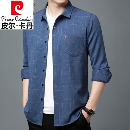 Pierre Cardin pure cotton long-sleeved shirt men's spring and autumn style real pocket middle-aged men's plaid loose large size non-iron shirt for men long-sleeved thin section 6626 blue 175/XL recommended 135-145Jin Jin equals 0.5 kg