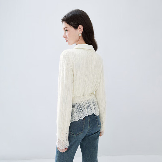 Qiushui Yiren V-neck hollow soft waxy knitted cardigan new autumn women's fashion versatile thin top off-white XL