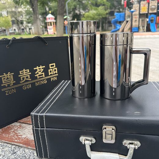 檀轩阁紫砂茶杯保温杯男士款高档紫砂杯送父亲老师礼品水杯定制LOGO刻字 钛金色套装（皮盒装）420ml
