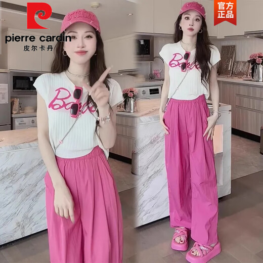 Pierre Cardin Internet Promi Sportanzug Frauen Sommer neuer Stil Streetbrated Casual Ice Seiden mit weit ligenden Hose modische altersreduzierende kurze Ärmel zwei Teile Bildfarbe Top 835 s