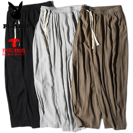 Playboy (Playboy) Chinesischer Stil Leinenhose Männer lose Baumwolle Leinenhose Großer Größe Casual Neun-Punkte Weitbein Hosen Herren Bloomer Harem Hosen schwarz dünn 2xl