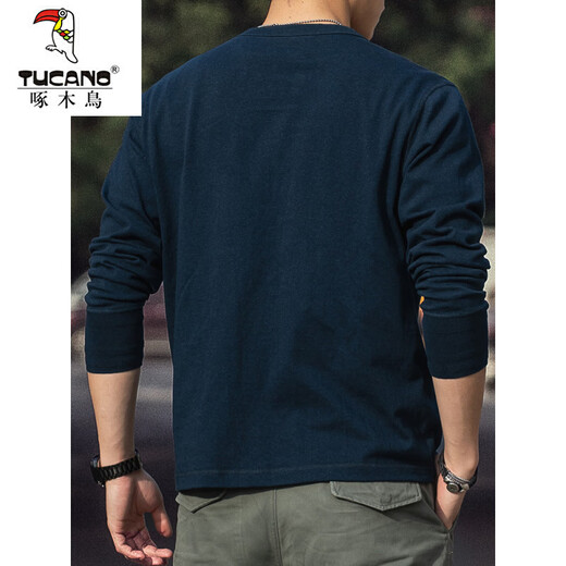Woodpecker American Retro Henley Long Sleeve T-Shirt Men's 2025 Autumn 250g Pure Cotton Side Seamless Henley Collar Bottoming Shirt Denim Blue 250g Pure Cotton M Reference 125-140Jin Jin is equal to 0.5 kg