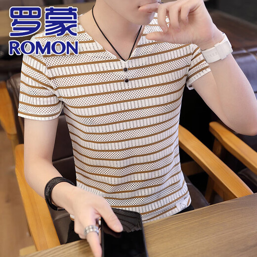 
ROMON (ROMON) spring and summer youth T-shirt men's V-neck long-sleeved thin summer and autumn clothes Korean style trendy handsome sweatshirt spring and summer top 6188 khaki M