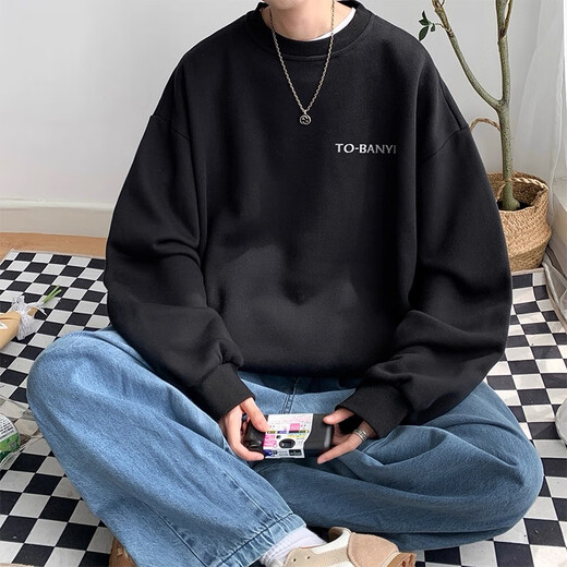 Style Yuge trendy brand hoodless round neck sweatshirt boys' bottoming shirt autumn and winter thickened velvet warm long-sleeved T-shirt with men's top dark gray (regular style) XL recommendation (125-145Jin Jin equals 0.5 kg)