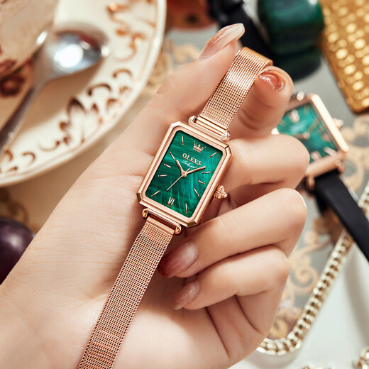 Olevs [Freundin] Klassische Quartz Watch Chinese Trendy Watch Fashion Watch Women's Watch Wasserdes Retro Small Green Watch Geschenk [Temperament und vielseitig] Zeit 6624L Rose Mesh Rose Shell Grün 29 mm Zifferblatt Durchmesser: 22x