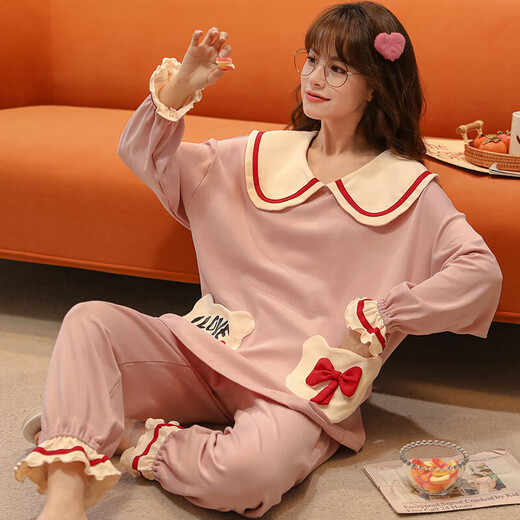 Unmarkierbar und ausgezeichnet L-Pyjamas für Frauen im Herbst und Winter Pure Cotton Niedliche langärmlige Prinzessinstil koreanische Version Set Student Cartoon Sommer Muji Muji Champagner Farbe GXT9922 M (Empfohlen 7595jin [Jin gleich 0,5 kg]))