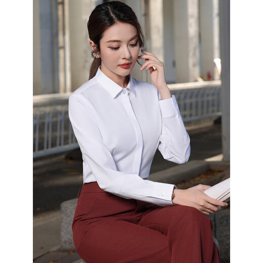 桢译竹纤维职业白衬衫女短袖正装薄方领气质工作服衬衣寸 紫红暗门襟/微弹Z6621-2长衫女 S