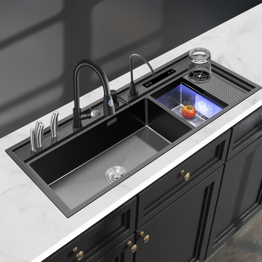 JPHZNB Ultrasonon Fregadero lavavajillas multifunción Máquina de limpieza inteligente Cocina Integrada 304 Piscina de vegetales de acero inoxidable Negro ultrasónico + purificación Doble canal 12048 Pantalla digital
