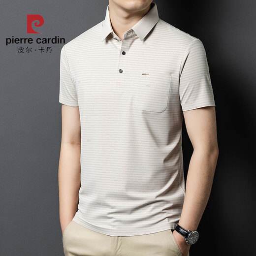 皮尔卡丹（pierre cardin）2025冰丝短袖男T恤中年爸爸装夏季薄款休闲透气无痕条纹polo衫男 红色15286 XL 52建议体重145-160斤