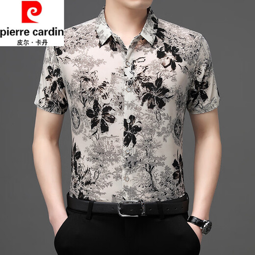 皮尔卡丹（pierre cardin）夏季新款冰丝短袖花衬衫男高级感免烫抗皱休闲印花衬衣中年爸爸装 9898黑色 L 170【120-140斤】