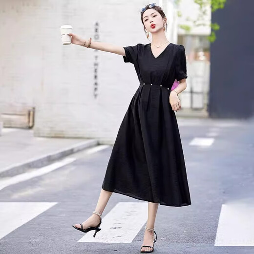 Ehangy International Light Luxury Women's Summer Vestido 2025 NUEVO TEMATAMENTO DE COLOR SIDA CULTA DE CULTIVO dulce y de moda Black [Caja de regalo de alta gama] XL