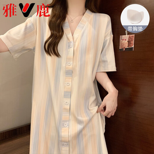 雅鹿带胸垫睡裙女士夏季短袖感复古风睡衣2025新款大码睡袍家居服 YFM_5155#短袖裙 绿色花朵 (带固 M