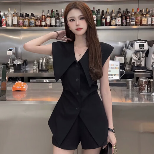Two-piece set of fashionable and beautiful summer design, lapel, slim temperament jacket, high waist skirt set, women's clothing 1389 black two-piece set 2XL [130-145Jin[Jin equals 0.5 kg]]