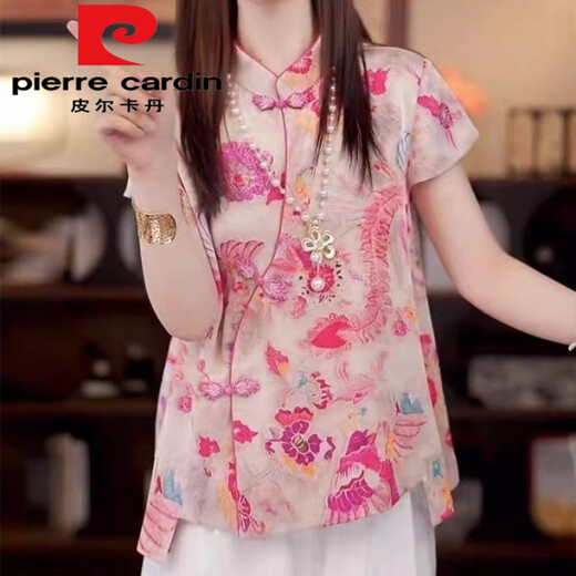 皮尔卡丹（pierre cardin）冰丝缎面新中式国风盘扣改良唐装马甲独特女夏季新款开衫上衣 茂-677(花色)今年流行的轻奢品牌 XL 建议90-110斤