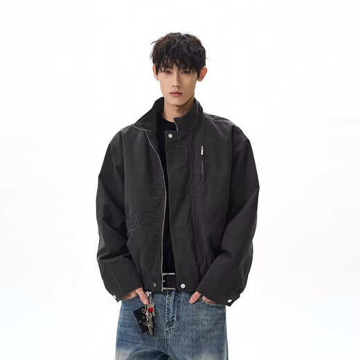 To the aesthetic retro high street cleanfit stand-up collar bomber jacket men's trendy boxy short work jacket clothes men's khaki XL recommended 130-145Jin Jin is equal to 0.5 kg