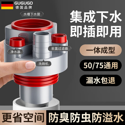 GuGuGo Germany sewer anti-reflux artifact washing machine drain three-way kitchen drain pipe three-in-one joint gray red kitchen 4-way sink + dishwasher + water purifier + front