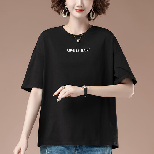Platino women's short-sleeved high-end women's fashionable a little middle-aged and elderly people with fat plus size summer new loose embroidered T-shirt 9889 black L100-115Jin [Jin equals 0.5 kg] All size