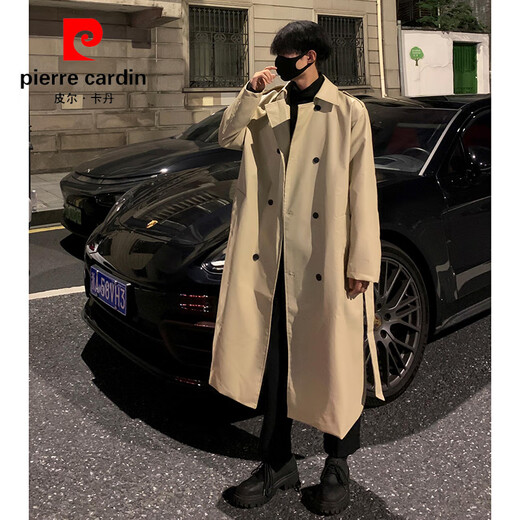 Pierre Cardin Maillard wears pu leather windbreaker men's handsome high-end double-breasted coat mid-length over-the-knee waisted coat black S