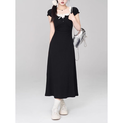 Hao'e French Black Square Kragen gefälschte zweiteilige Kleid für Frauen im Sommer Design High-End-Temperament Taille-Hugging Long Rock [gefälschter zweiteiliger Schwarz] M.