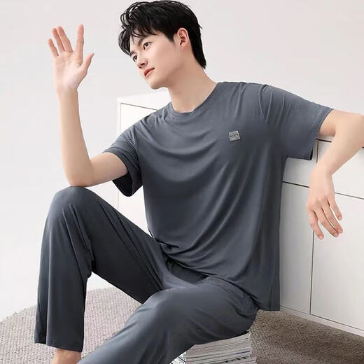 Yalu Pyjamas Herren Sommer kurzärmelige Hosen Hauskleidung Dünne Eis Seide Kühl einfacher Anzug modal kurzärmelig + Hosen 2677 L Empfohlen 100-120