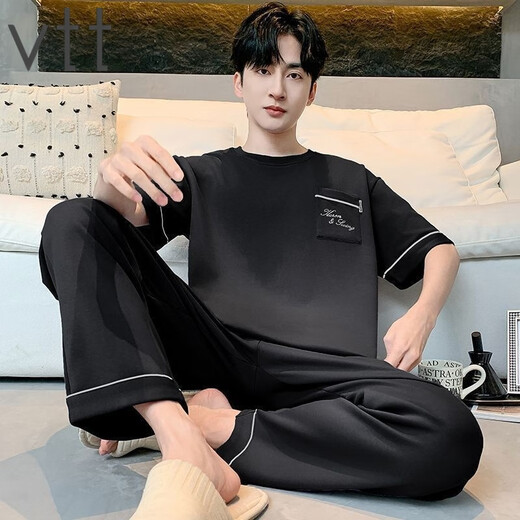 VTT睡衣男夏季纯棉短袖长裤男款薄款大码简约可外家居服套装 V短袖长裤：OMM13077 L