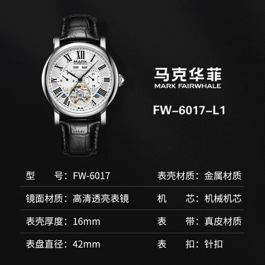 Mark Huafei Watch Men's Automatic Mechanical Watch Business Style Swiss Quality Student National Watch Waterproof Watch New Year's Gift 6017