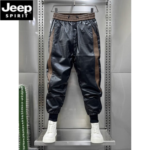 
JEEP SPIRIT men's new leather pants plus velvet thickened motorcycle winter black slim fit ties warm takeaway riding pants men's 895 4XL [Suggested 170-190Jin [Jin equals 0.5 kg]]