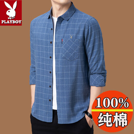 花花公子（PLAYBOY）纯棉长袖衬衫男2025春秋真口袋中年男装格子宽松大码衬衣 6626绿色【春秋】 薄款 M 165建议100-115斤