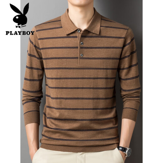 
Playboy (PLAYBOY) high-end men's daddy suit autumn and winter sweater knitted shirt polo lapel cardigan retro striped top dark green S5012 M (120Jin [Jin equals 0.5 kg])