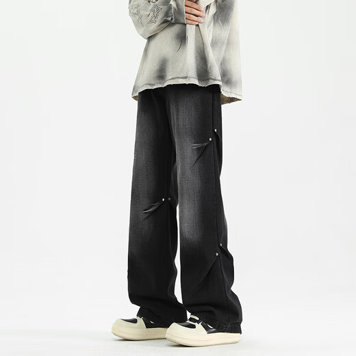 MONPOC American jeans men's spring, autumn and winter retro trendy loose straight casual pants MON02 black gray 2XL