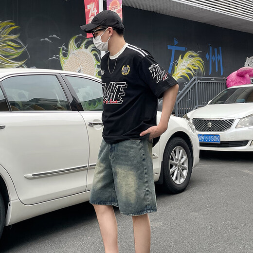 迪伽达美式水洗复古蓝牛仔短裤男夏季新款街头休闲阔腿宽松直筒五分裤 TVFS-826复古蓝 XL