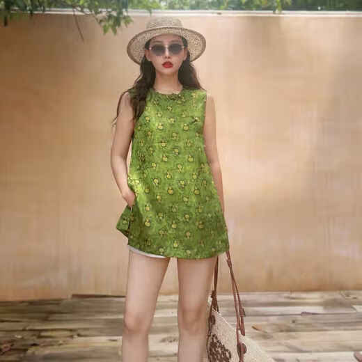 Flower Shadow Yaoyao Mejora de nuevo estilo chino seda jacquard fragancia nube de nubes top para mujeres con chaleco sin mangas sin mangas clip de caballo pequeño longitud media e50790 verde regular s